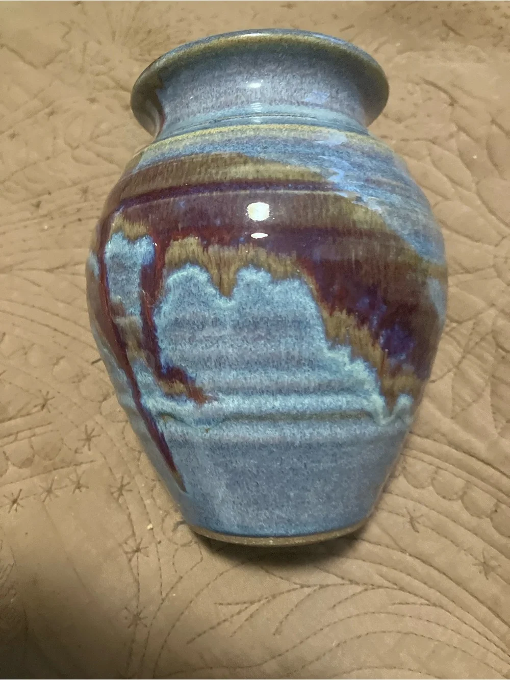 NWT Ayer’s Pottery Blue, Brown, and Maroon Drip Glaze Vase